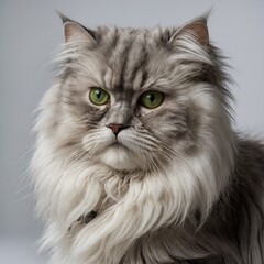 A stunning long-haired Persian cat with a silvery coat and sharp green eyes, posed gracefully on a white background.