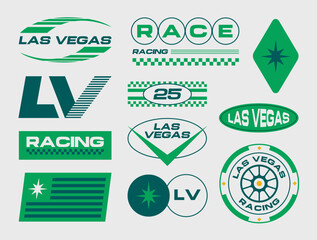 Set streetwear auto racing logo ideas for a clothing brand. Design vector typography for decals auto and t-shirt Las Vegas streetwear clothing y2k style.