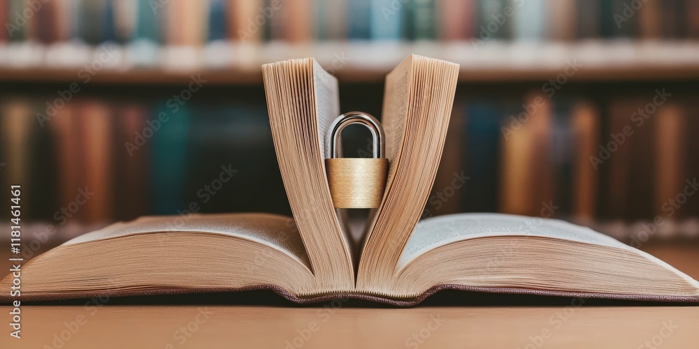 Poster law restriction policy concept. an open book secured with a padlock, symbolizing knowledge protectio