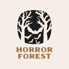 Vector illustration of a silhouette bats fly out of the horror forest. Logo Halloween.