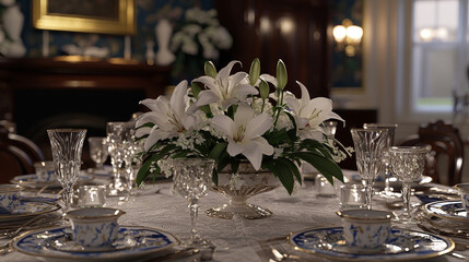 Fototapeta premium Elegant Dining Table Setting with Floral Centerpiece