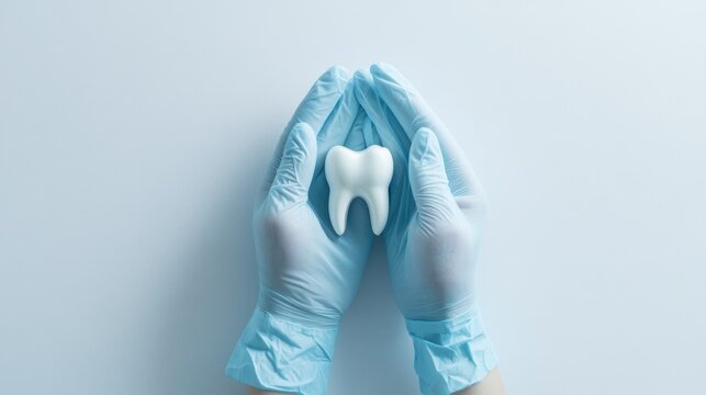 Dental health care concept with protective hands holding tooth model on blue background