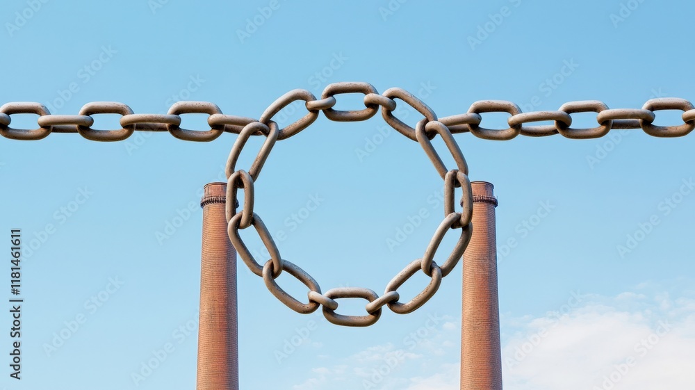 Poster law restriction policy concept. a circular chain link connected to two rusty poles against a clear b