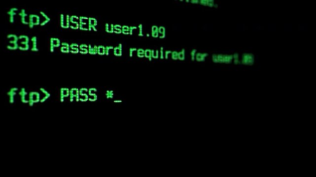 User Making a Secure FTP Connection with Command-line Interactions. Close Up Computer Screen Showing How a Programmer Making a Live Data Transfer, Authentication Processes and Protocol Initialization
