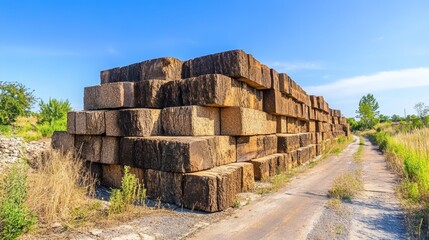 Large pile of natural cork bark stacked for industrial use in Portugal, highlighting sustainable, eco-friendly, and renewable materials used globally for wine stoppers, flooring, insulation, crafts