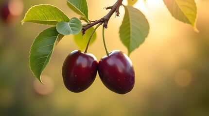 Dark plums on branch with vibrant green leaves against warm creamy bokeh. Glossy fruit with soft light and summer tones.