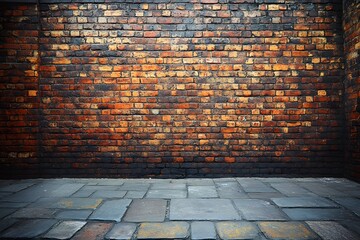Fototapeta premium Rustic Brick Wall with Stone Pavement for Urban Backdrop and Texture Design