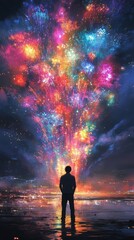 Obraz premium Colorful explosion of light and stars captivates a silhouetted observer at twilight