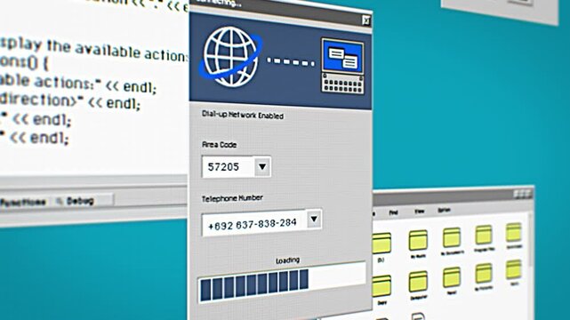 Nostalgic Process of Connecting to the Internet via Dial-up Modem on a Computer. Retro Interface Elements and Loading Animations on Screen. Tech Journey to the Early Days of Online Connectivity