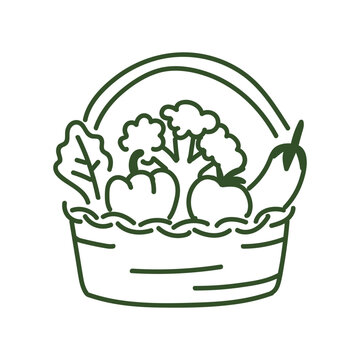 recommend clip art: Doodle Vegetables in basket filled with vegetables and fruits outline. Natural, healthy vegetarian food. Farming concept. Pictogram.