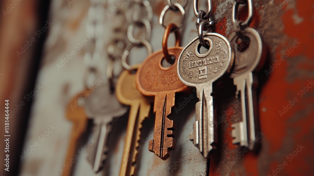 Poster vintage keys with various designs hang from chains, showcasing their unique textures and colors in a