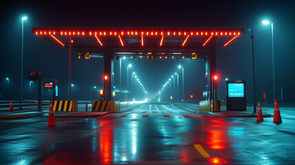 Obraz premium Electronic toll collection gate glowing at night, showcasing modern transportation technology and seamless automated payment systems for efficient traffic flow.