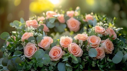 Floral archway adorned with roses and greenery in a serene garden setting during overcast weather