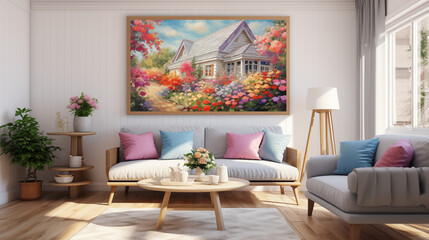 Modern living room in a house with a spring painting, white couch and modern furniture