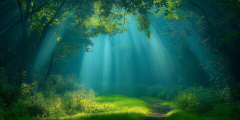 Sunlight filtering through trees in a lush forest nature scene serenity and peace captured from a ground-level viewpoint