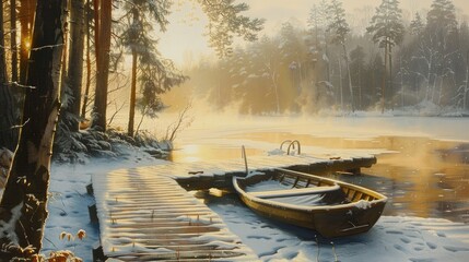 A wooden dock on the shore of an ice-covered lake