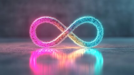 A vibrant infinity symbol shines with neon colors, softly illuminating the surrounding space with a mesmerizing glow during nighttime