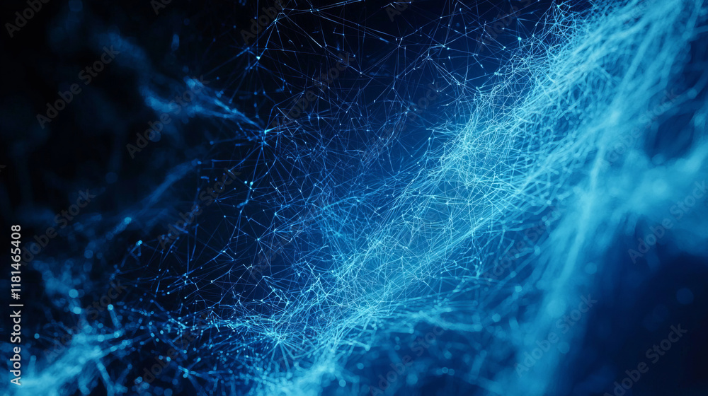 Poster abstract blue network of interconnected fibers and particles in motion