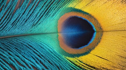 Obraz premium Explore the detailed textures and striking colors of a peacock feather, highlighting shades of blue, green, and yellow in sunlight