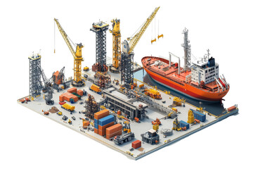 Busy Cargo Ship at the Port: A Detailed Isometric View of Mariti