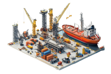 Busy Cargo Ship at the Port: A Detailed Isometric View of Mariti