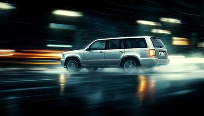 Silver SUV in Motion, Nighttime City Drive Blur with Space for Text, Automotive Photography