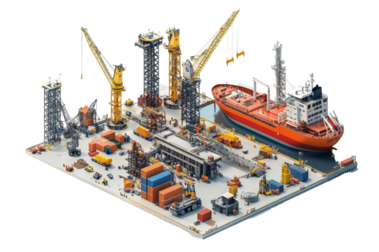 Busy Cargo Ship at the Port: A Detailed Isometric View of Mariti