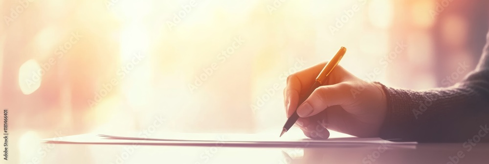 Aufkleber Hand using pen writing notes on paperwork on desk in front of bright warm background evaluating bitcoin investment strategy for financial report