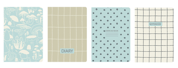 Cover page templates based on patterns with hand drawn Mushrooms, Toadstool. Backgrounds for notebooks, notepads, diaries © Blooming Sally