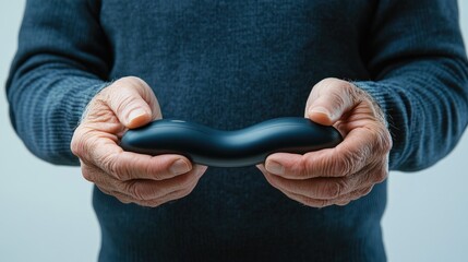 Elderly hands holding ergonomic stress relief device for hand therapy