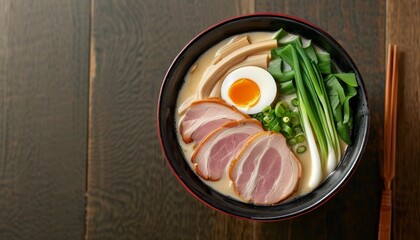 Delicious Tonkotsu Ramen Bowl with Slice of Pork and Soft Boiled Egg on Wooden Table
