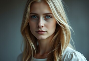 Naklejka premium A woman with a melancholic expression, wearing a white dress, standing in a neutral environment.