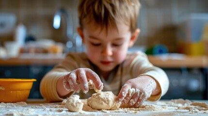Child engaging in creative baking activity at home kitchen table