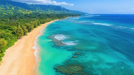 Obraz premium Aerial view of golden sands and turquoise waters with tide pools