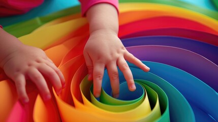 Child exploring colorful rainbow paper spirals for creative learning and play. Activity for motor and sensory development. Neuro psychology, Sensory experiences, autist