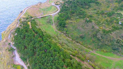 green, emerald, clean, Korea, Jeju Island, beauty, sea, landscape, sky, drone, healing, travel, stone, basalt, wave, harmony, mystery, background