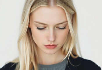 A portrait of a young blonde woman with a subtle frown and downcast eyes.