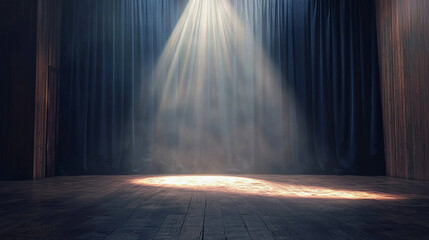 Empty theater stage with spotlight illuminating the wooden floor