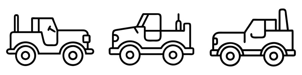 military jeep icon, vehicle line art, vehicle vector - simple black line art icon of military jeep perfect for logos, and vehicle-themed designs. © Waliul