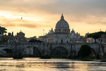 Majestic Sunset Over the Tiber River and Vatican City in Rome