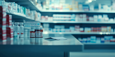 Empty Pharmacy Counter with Prescription Bottles and Medical Supplies