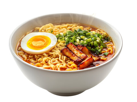 a bowl ramen with egg, meat,s and vegetables isolated on transparent or white background, png ramyeon cutout