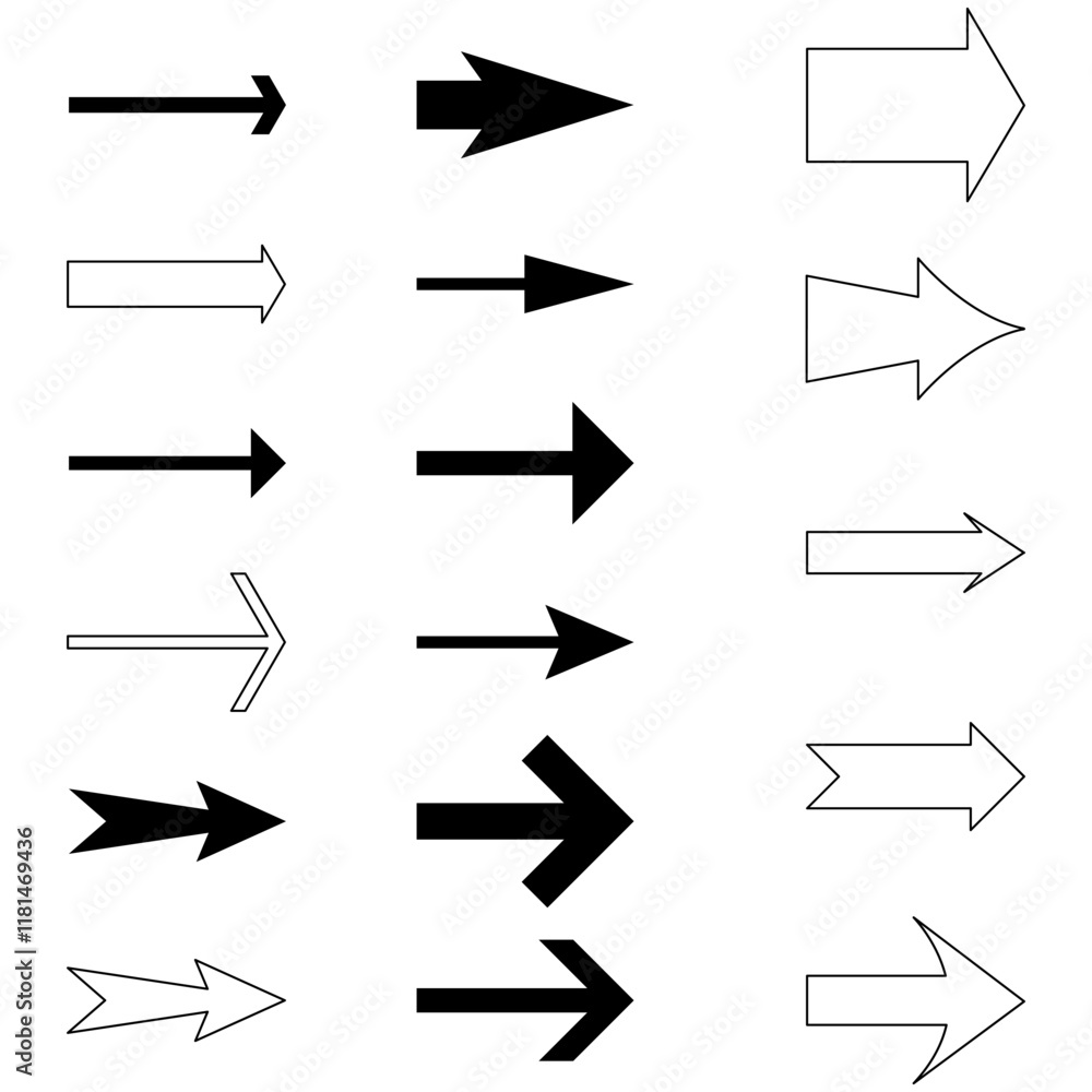 Poster arrow icon set. various arrow styles. directional vector shapes. simple black arrows.