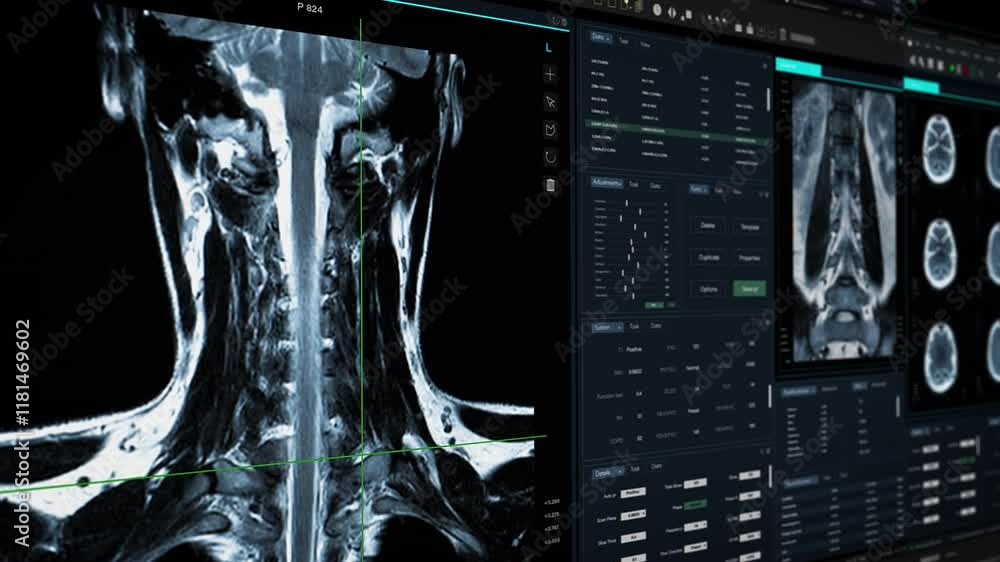 Poster Modern Cancer Research Medical Neurology Software with MRI Screening Process: Computer Monitor Image with 3D Application Visualizing Human Neck and Spine on a Digital CT Scan