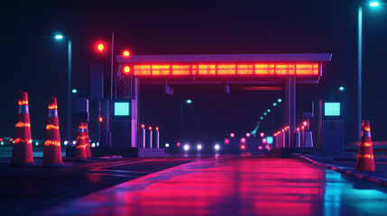 Obraz premium Electronic toll collection gate glowing at night, showcasing modern transportation technology and seamless automated payment systems for efficient traffic flow.
