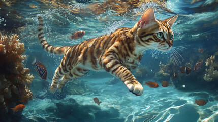 A brave Bengal cat paddling through shallow ocean waters, its paws creating ripples as fish dart around beneath the surface and coral reefs shimmer below 