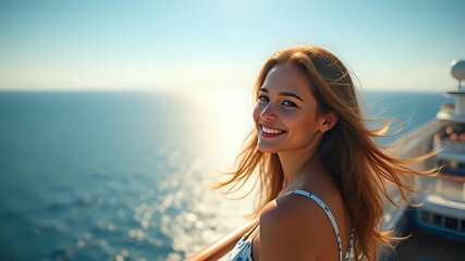 giovane donna con un sorriso radioso sulla terrazza di una nave da crociera, i suoi capelli fluttuano dolcemente nella brezza marina mentre ammira la vista panoramica dell'oceano scintillante
