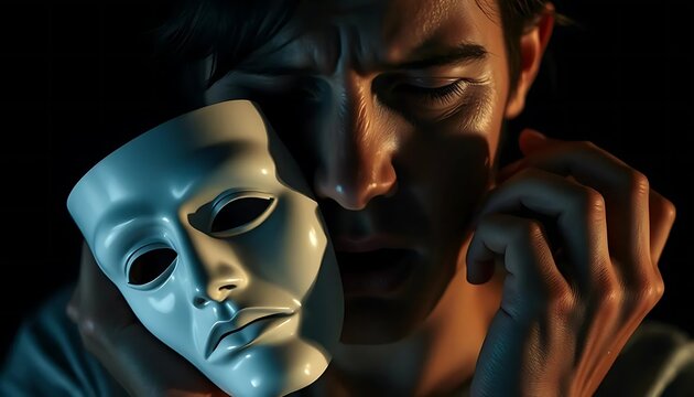 Man Revealing Hidden Identity Behind White Mask with Dramatic Lighting, Expressing Inner Turmoil and Vulnerability for Psychological Concepts