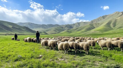 Obraz premium Sheep Grazing in a Lush Mountain Valley
