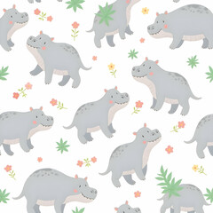 Seamless pattern of baby hippopotamus cute